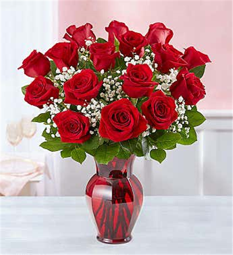 Blooming Love 18 Red Roses In Ruby Red Vase cover image